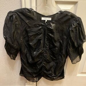 FRAME Ruched Sleeve Keyhole Top Black